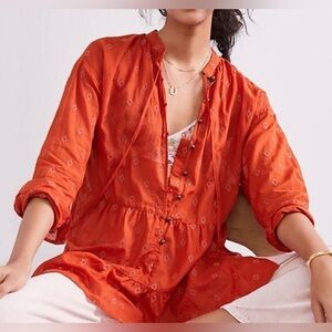 Anthropologie Pilcro Tiered Embroidered Tunic Top, 100% Cotton, Dark Orange
